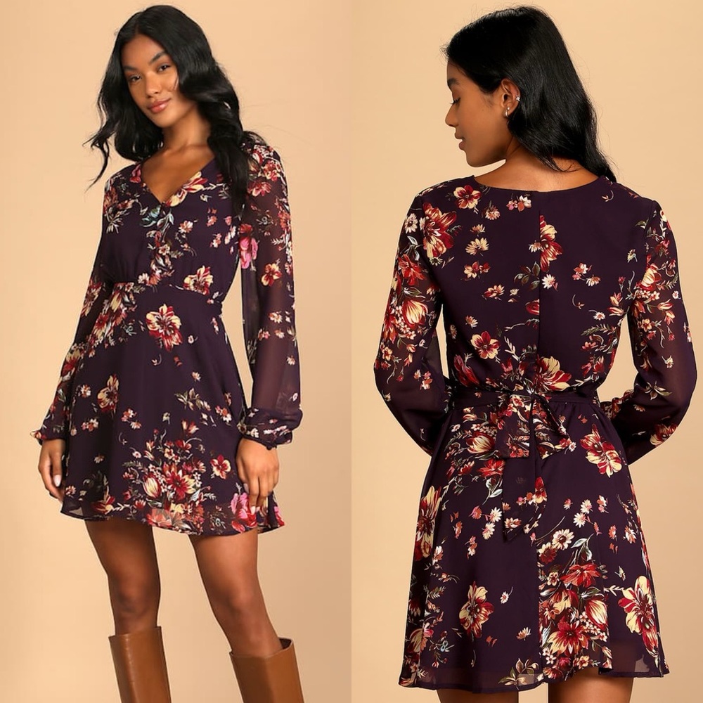 Lulus | Always Yours Plum Purple Floral Print Long Sleeve Skater Dress